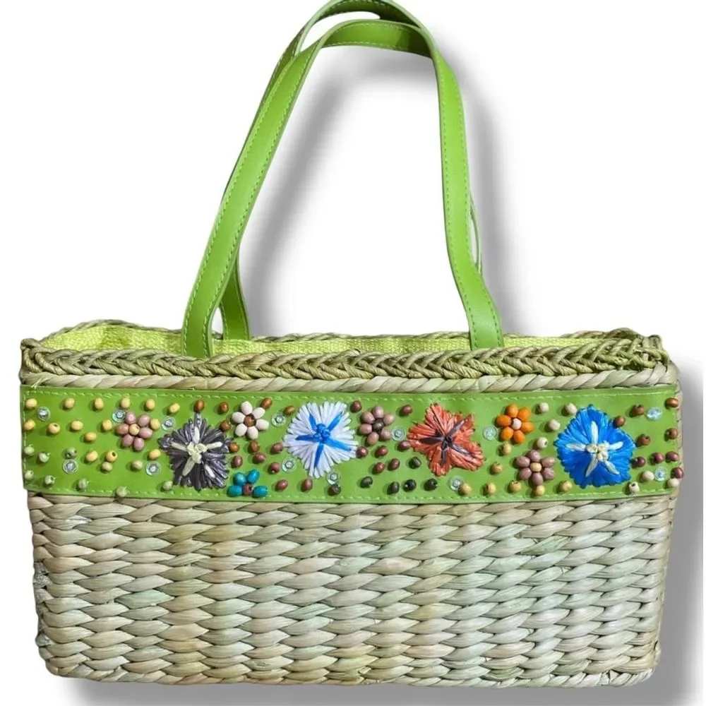 Handmade Woven Straw Tote Purse Handbag Shoulder Bag in Lime Green